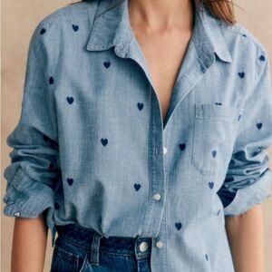 Sezane tomboy shirt - chambray with navy hearts